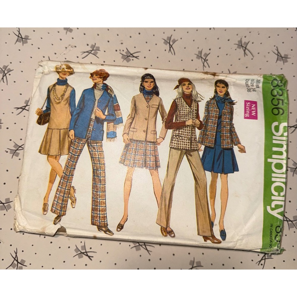 Vintage 1969 Simplicity 8356 Sewing Pattern Jacket Jumper Pants Mod Size 14 B 36